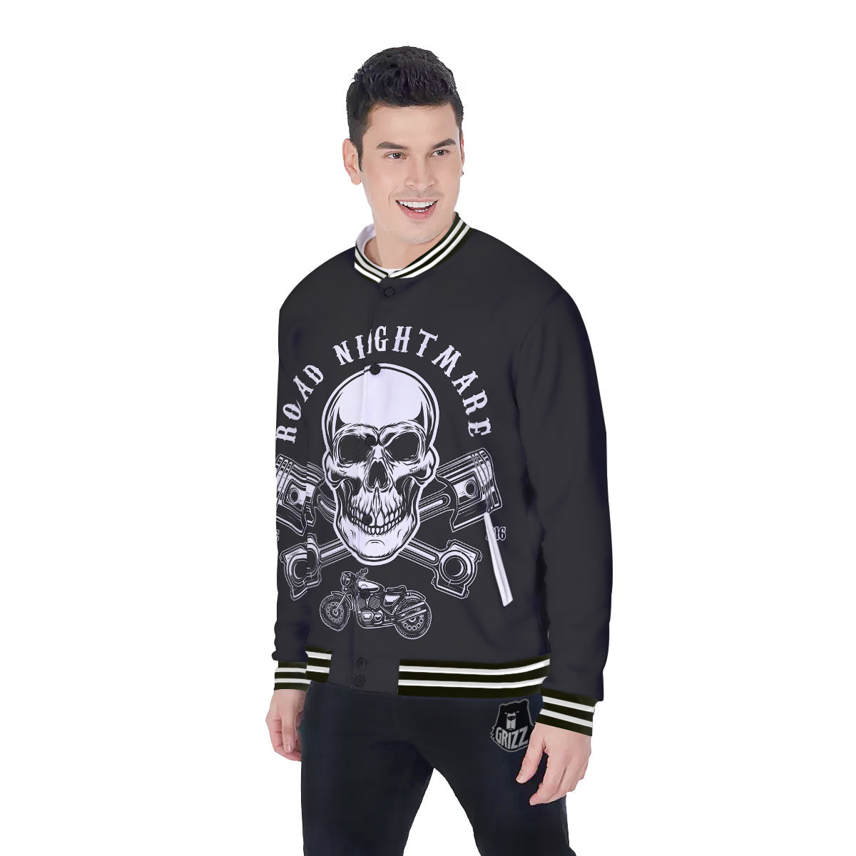 Piston Skull Mechanic Cross Print Baseball Jacket-grizzshop