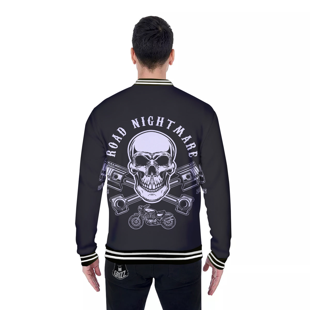 Piston Skull Mechanic Cross Print Baseball Jacket-grizzshop
