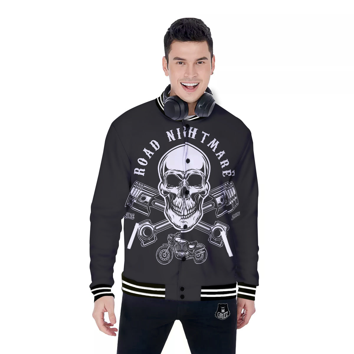Piston Skull Mechanic Cross Print Baseball Jacket-grizzshop