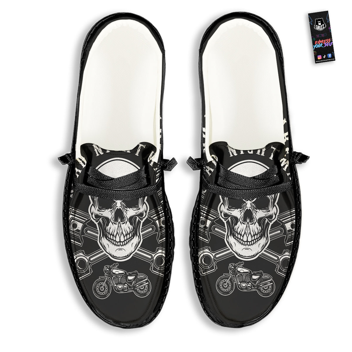 Piston Skull Mechanic Cross Print Black Loafers-grizzshop