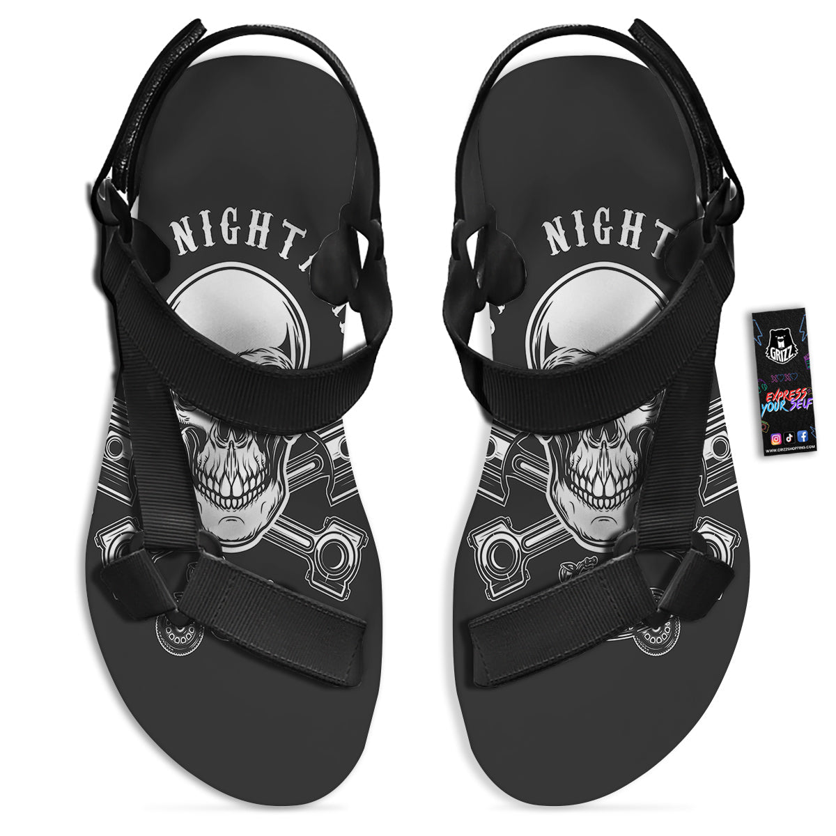 Piston Skull Mechanic Cross Print Black Open Toe Sandals-grizzshop