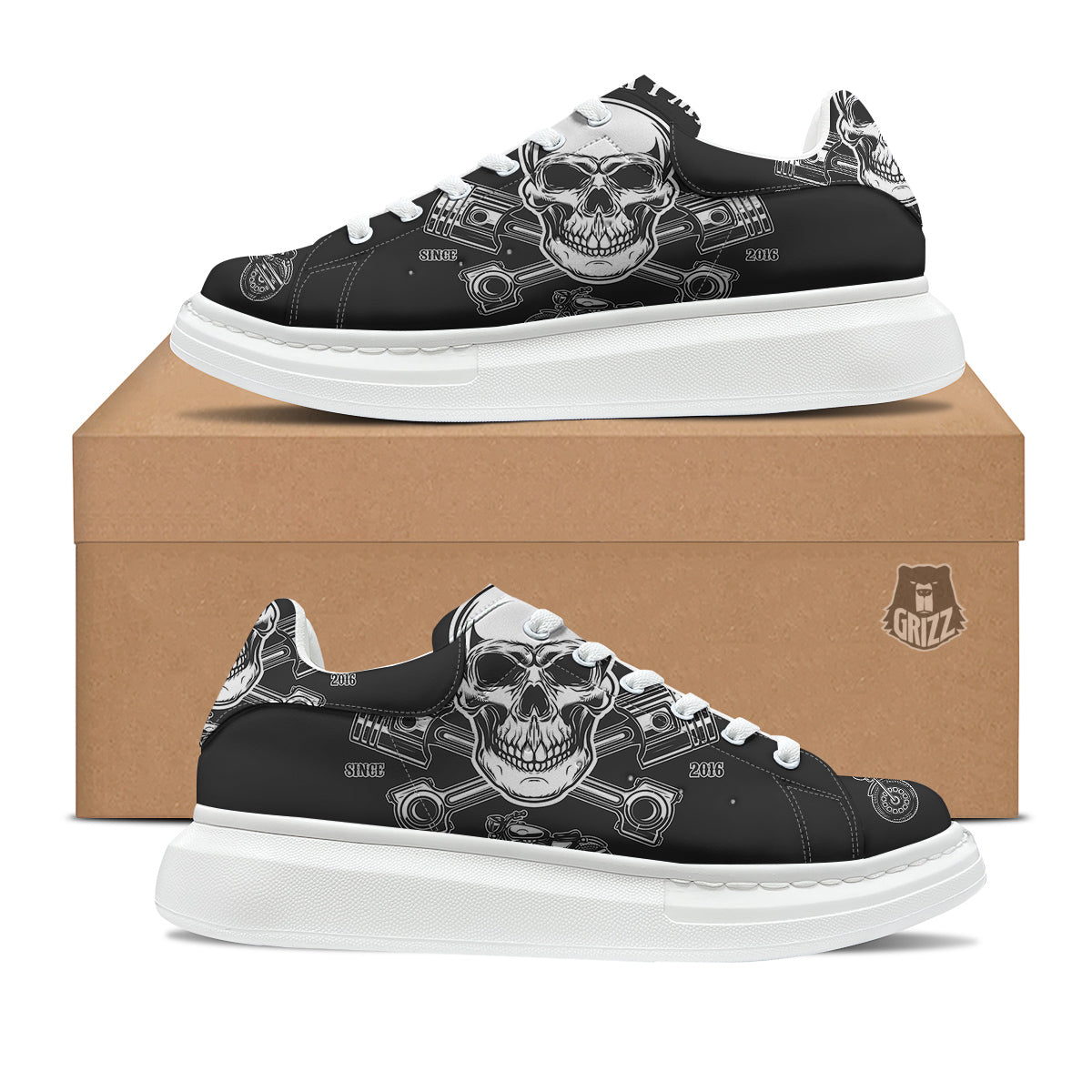 Piston Skull Mechanic Cross Print Platform Shoes-grizzshop