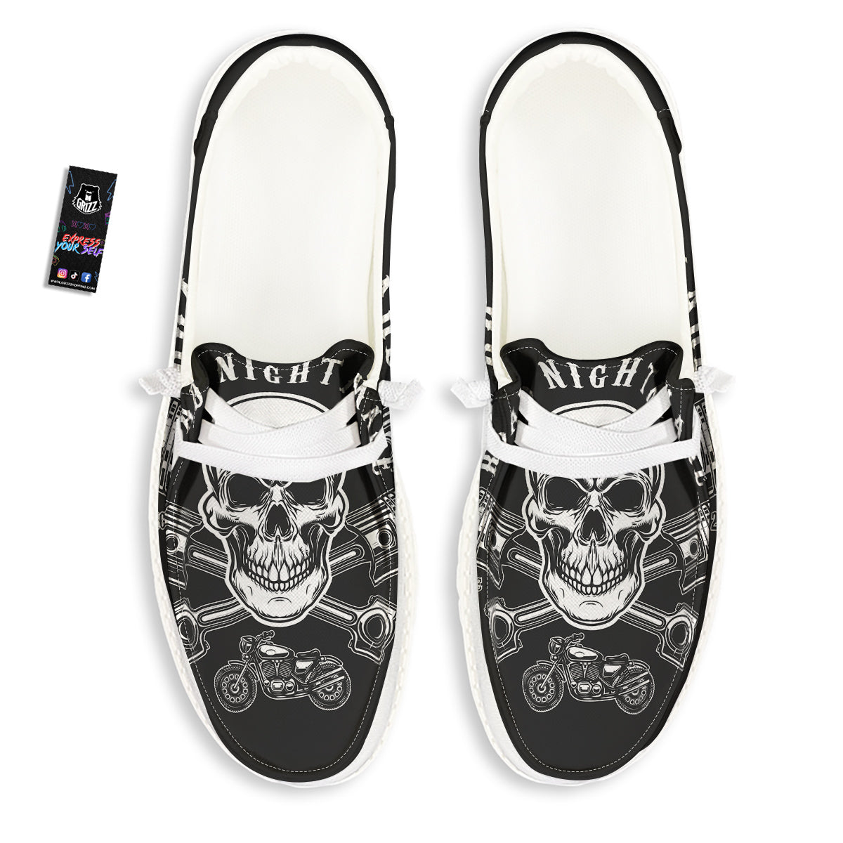 Piston Skull Mechanic Cross Print White Loafers-grizzshop