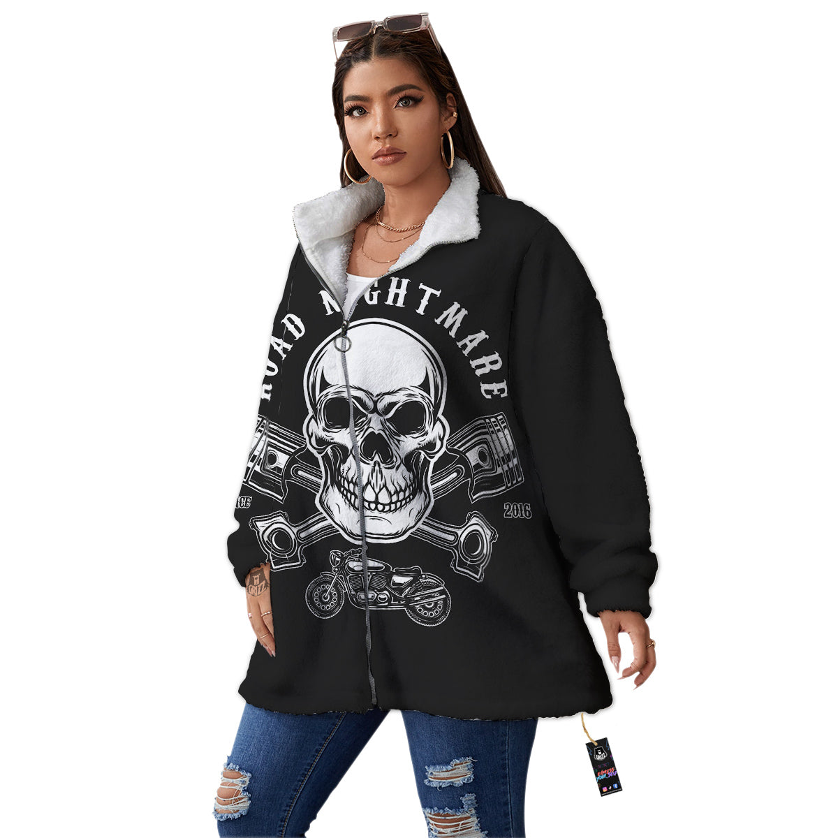 Piston Skull Mechanic Cross Print Women's Sherpa Jacket-grizzshop