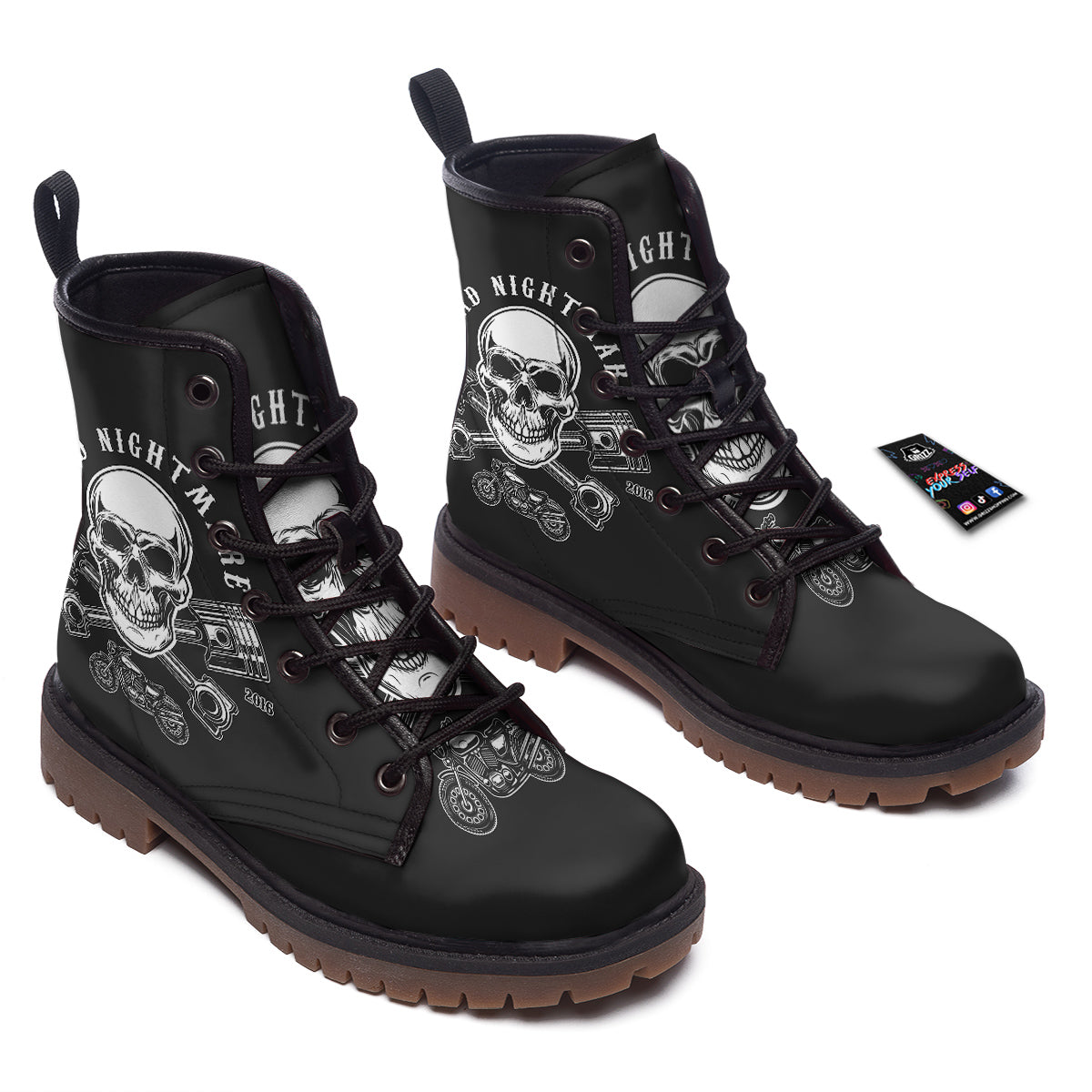 Piston Skull Mechanic Cross Print Work Boots-grizzshop
