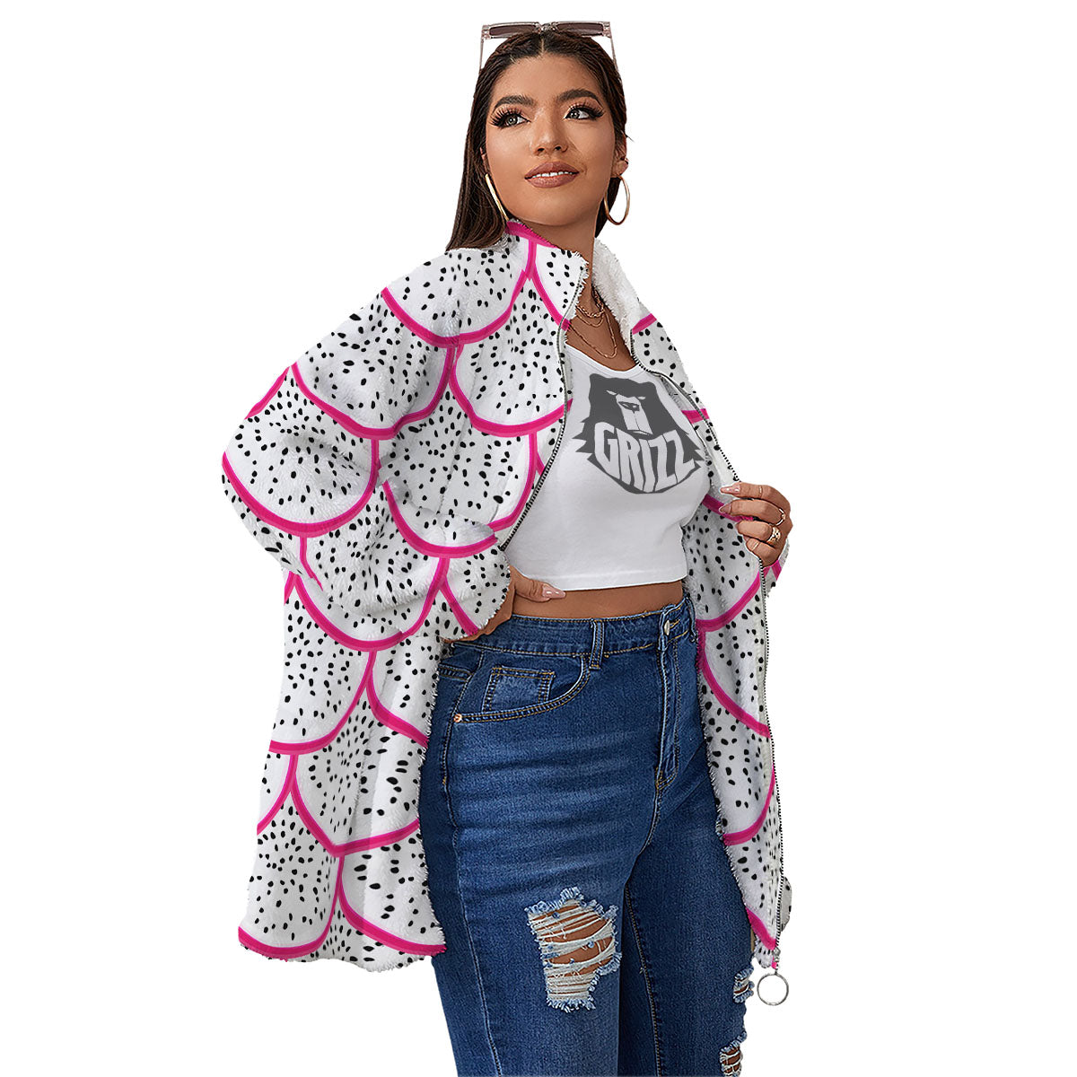 Pitaya Pattern Print Women's Sherpa Jacket-grizzshop
