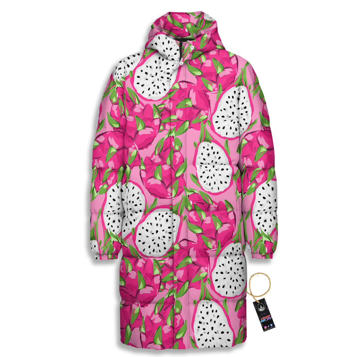 Pitaya Tropical Print Pattern Long Down Jacket-grizzshop