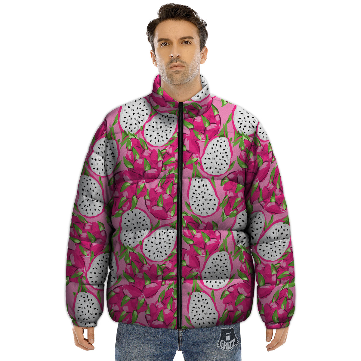 Pitaya Tropical Print Pattern Puffer Jacket-grizzshop
