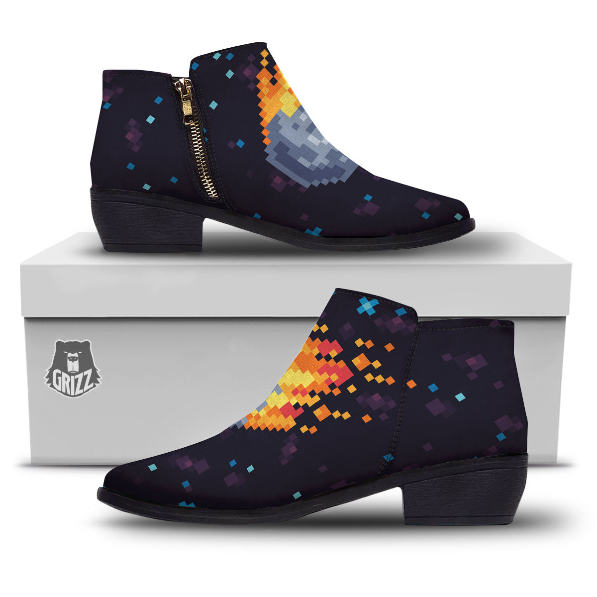 Pixel 8 Bit Meteorite Burnning Print Ankle Boots-grizzshop