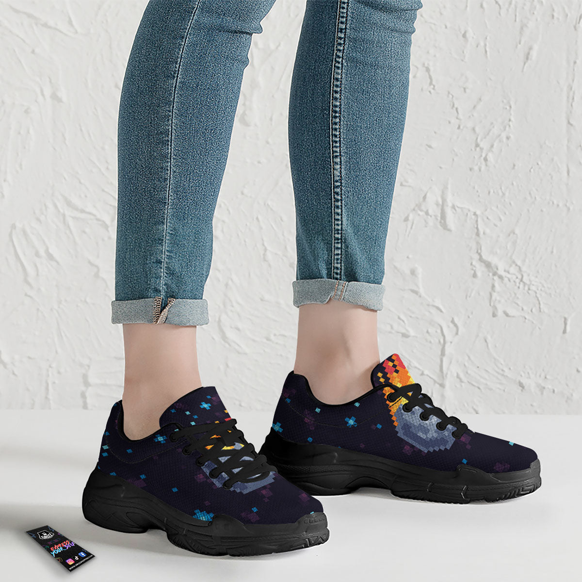 Pixel 8 Bit Meteorite Burnning Print Black Chunky Shoes-grizzshop