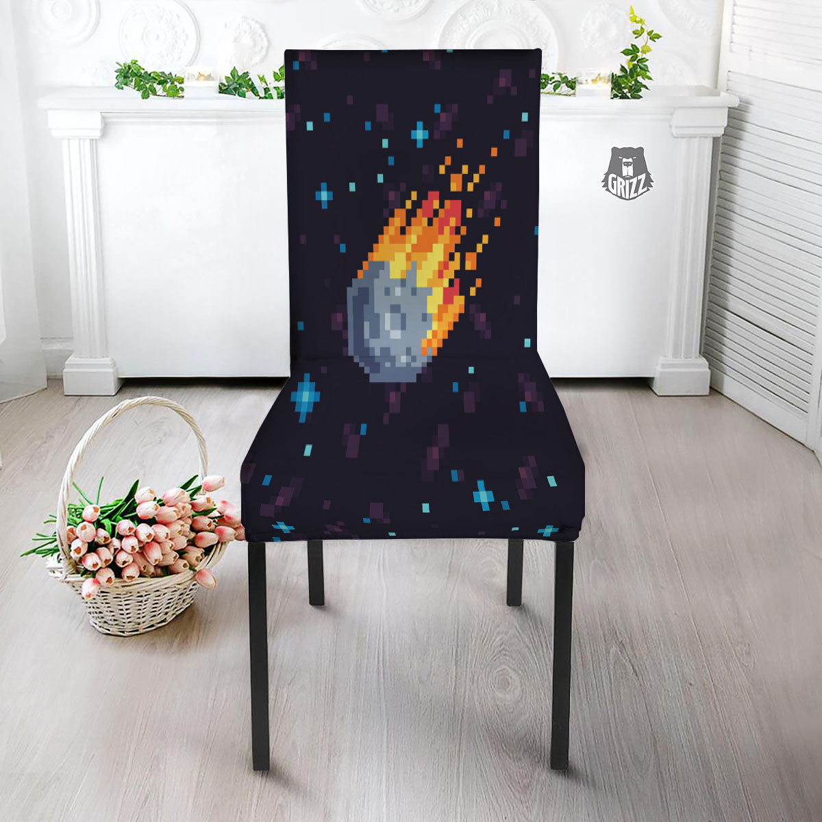 Pixel 8 Bit Meteorite Burnning Print Dining Chair Slipcover-grizzshop