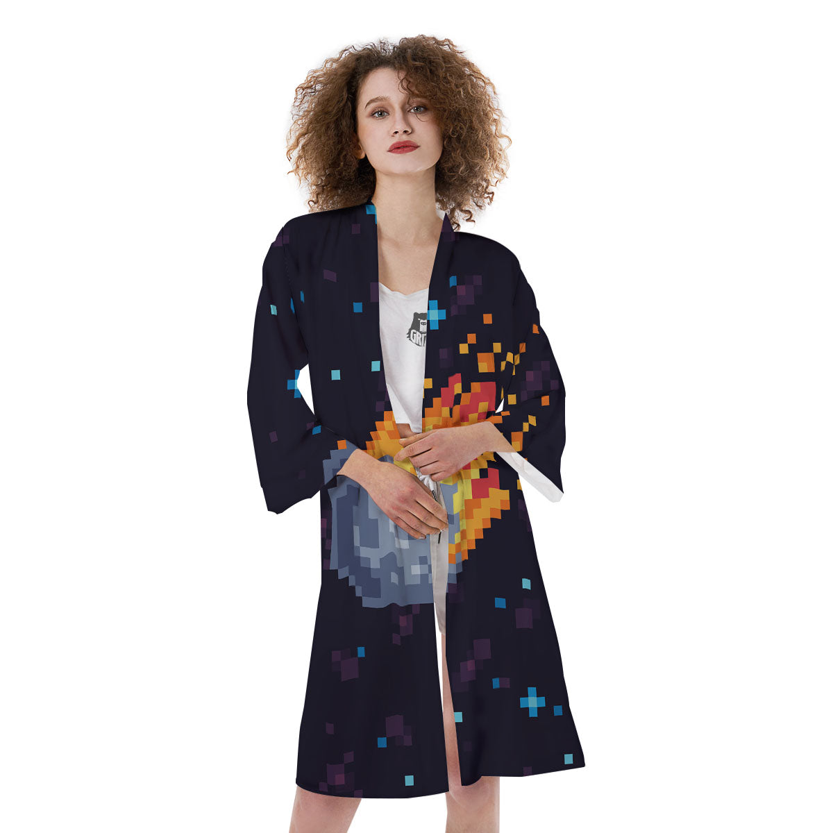 Pixel 8 Bit Meteorite Burnning Print Kimono-grizzshop