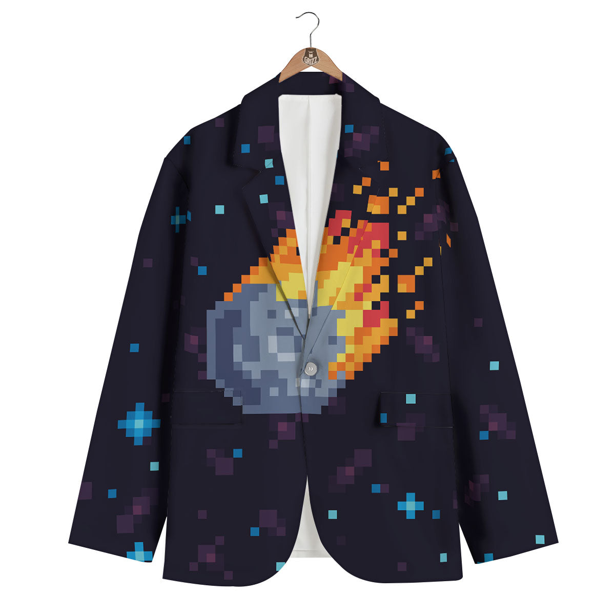Pixel 8 Bit Meteorite Burnning Print Men's Blazer-grizzshop