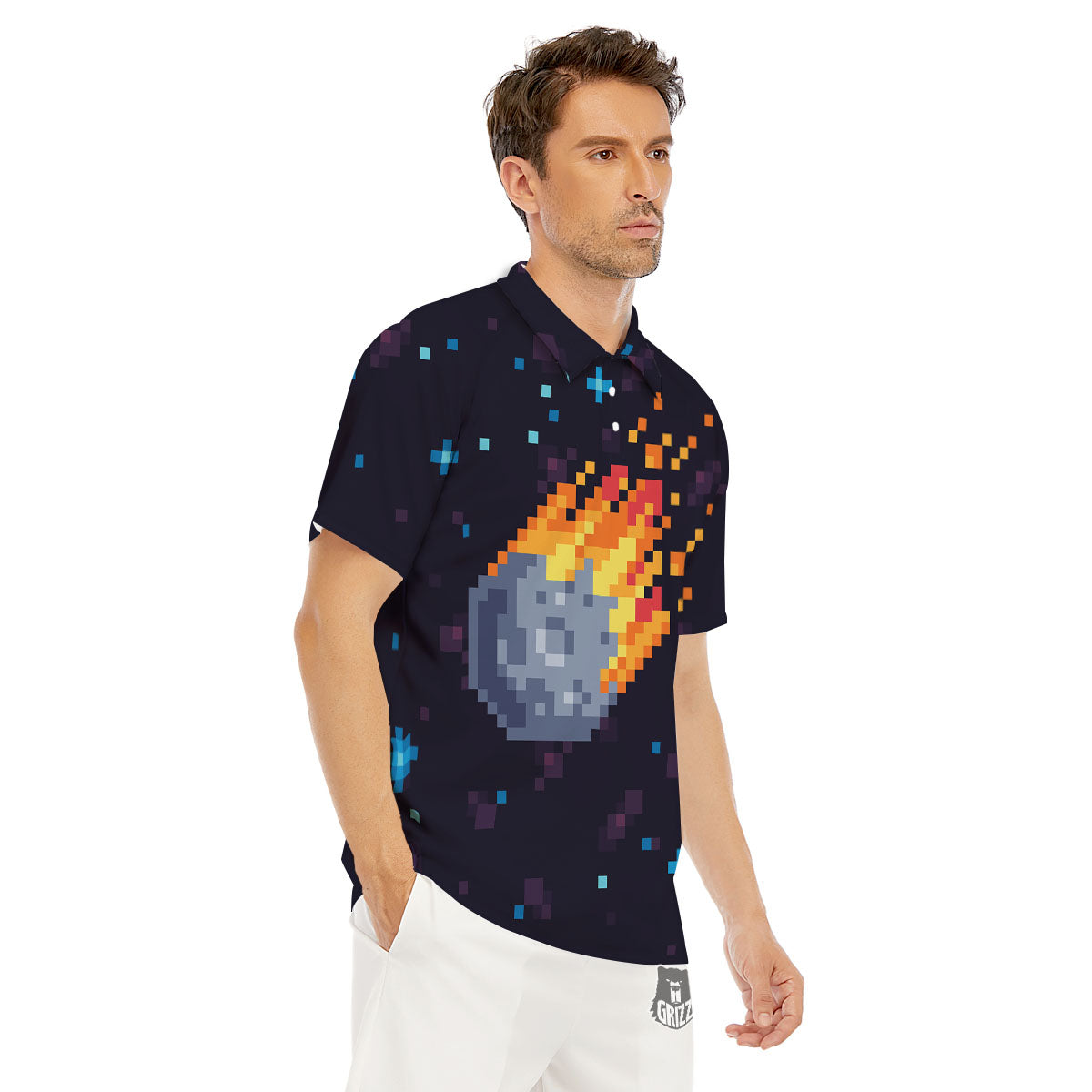 Pixel 8 Bit Meteorite Burnning Print Men's Golf Shirts-grizzshop
