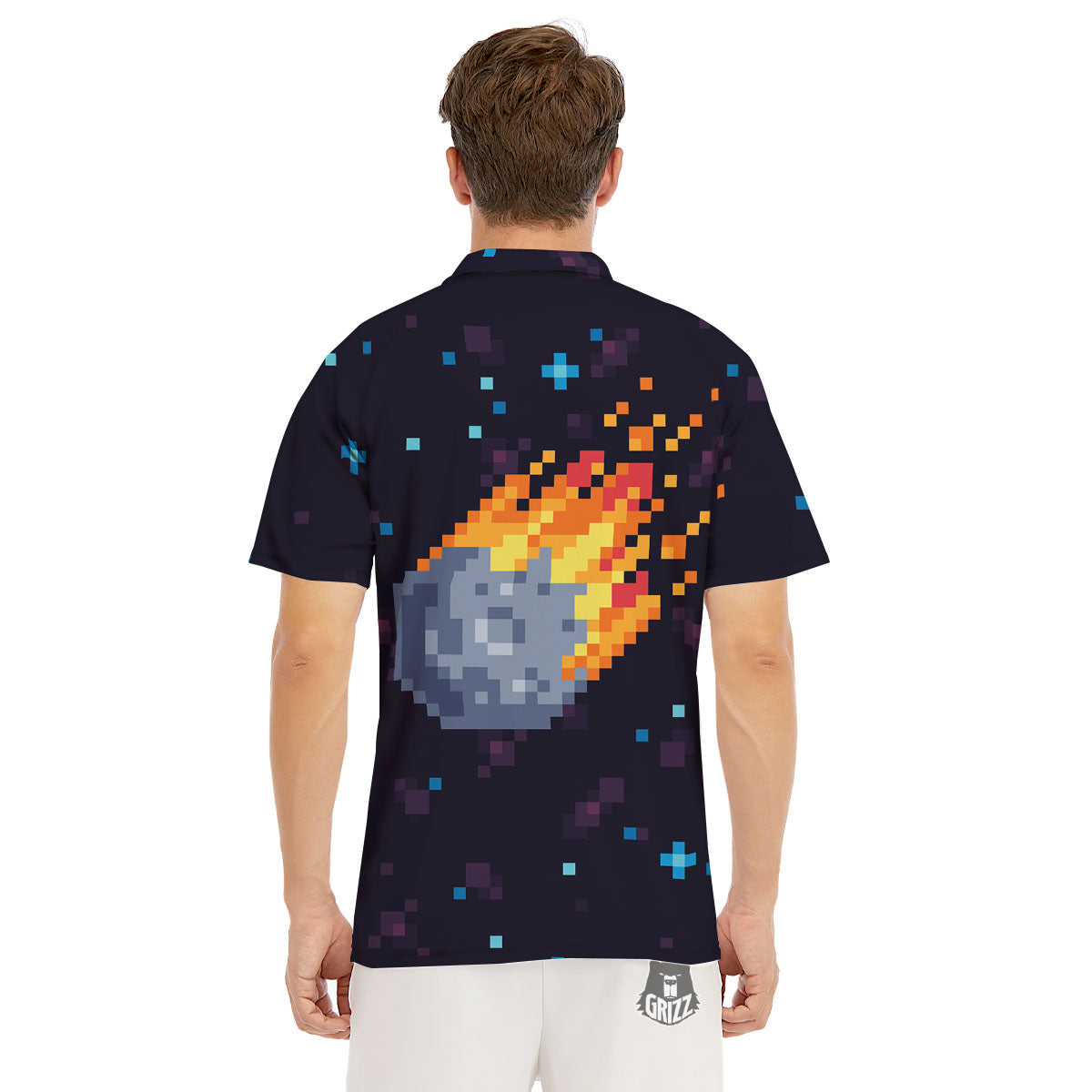 Pixel 8 Bit Meteorite Burnning Print Men's Golf Shirts-grizzshop