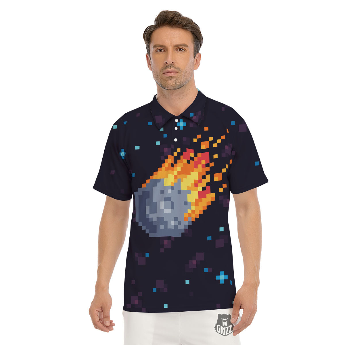 Pixel 8 Bit Meteorite Burnning Print Men's Golf Shirts-grizzshop