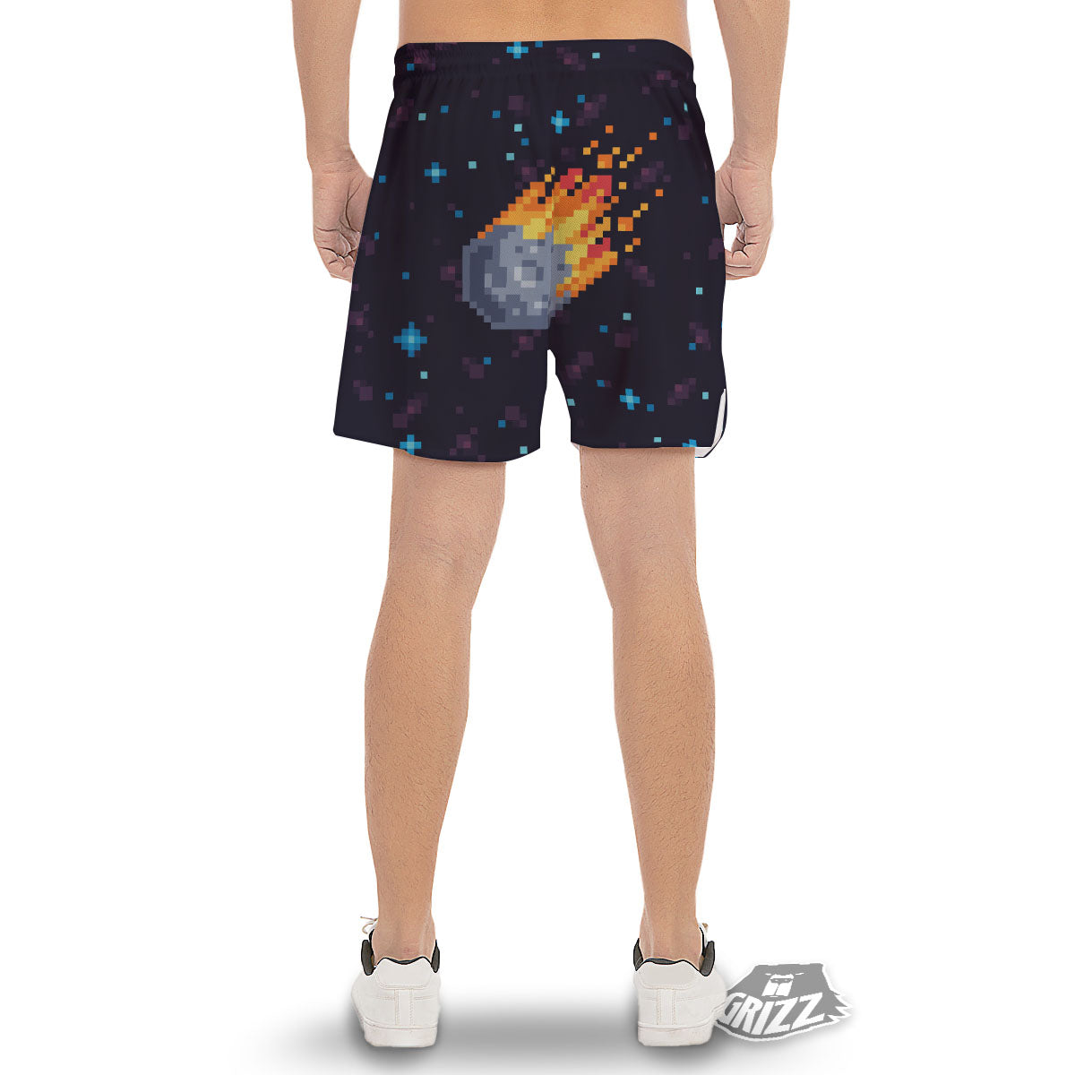 Pixel 8 Bit Meteorite Burnning Print Men's Gym Shorts-grizzshop