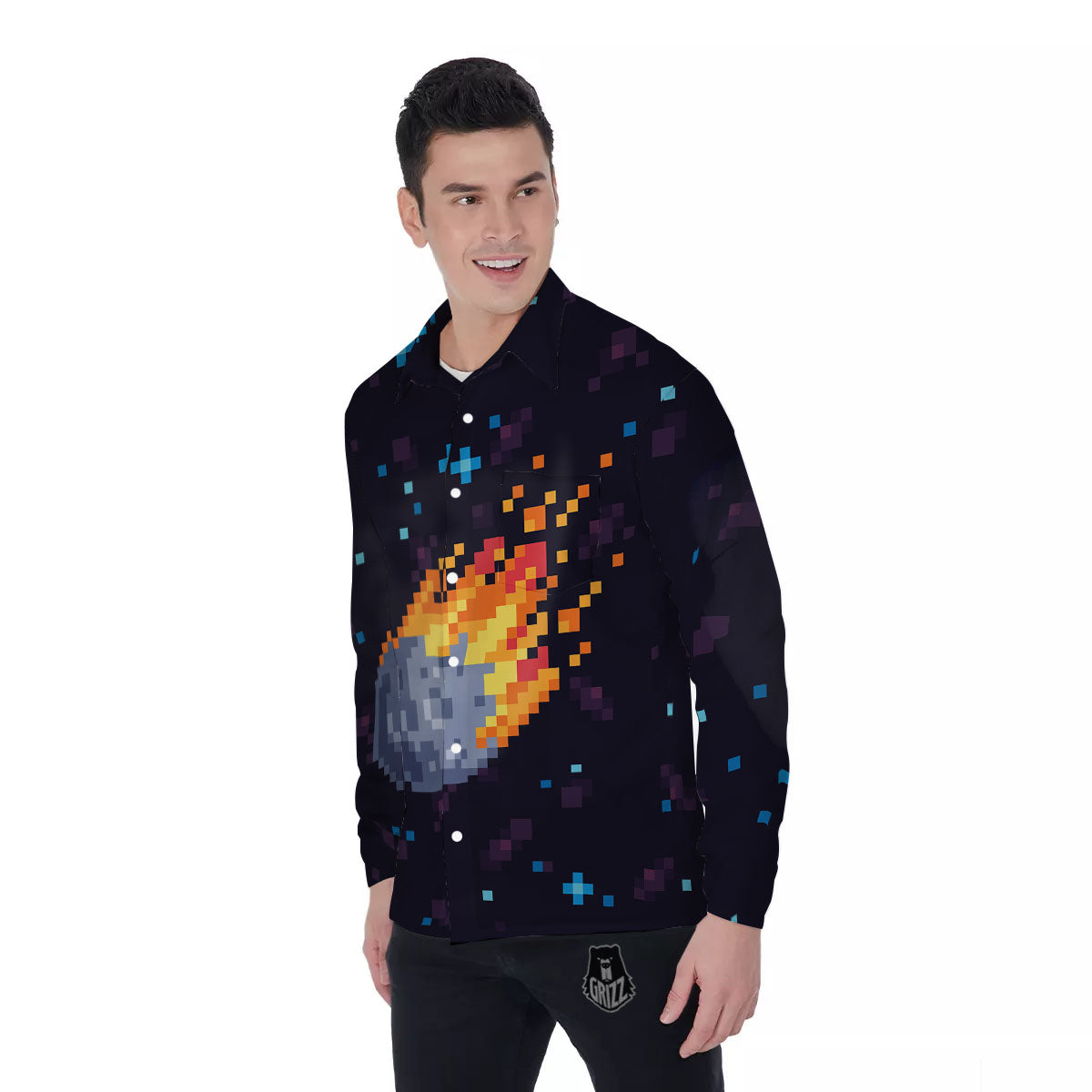 Pixel 8 Bit Meteorite Burnning Print Men's Long Sleeve Shirts-grizzshop