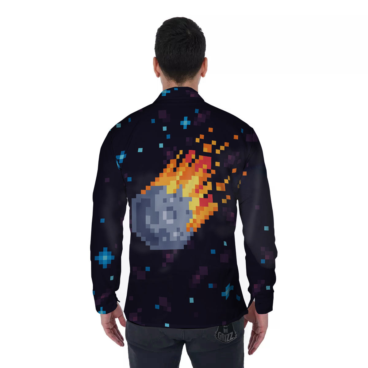Pixel 8 Bit Meteorite Burnning Print Men's Long Sleeve Shirts-grizzshop
