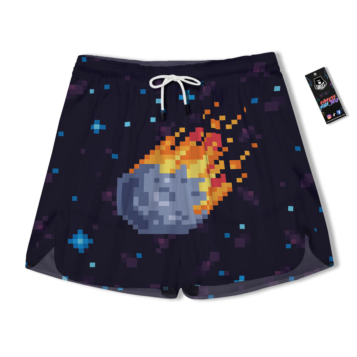 Pixel 8 Bit Meteorite Burnning Print Men's Running Shorts-grizzshop