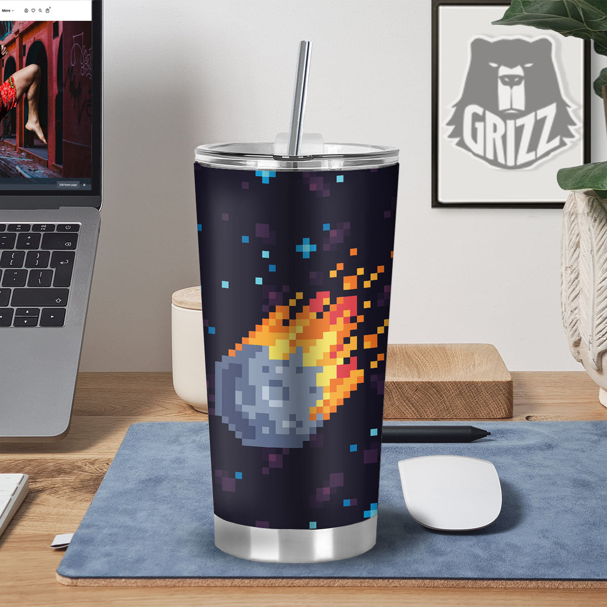 Pixel 8 Bit Meteorite Burnning Print Tumbler-grizzshop