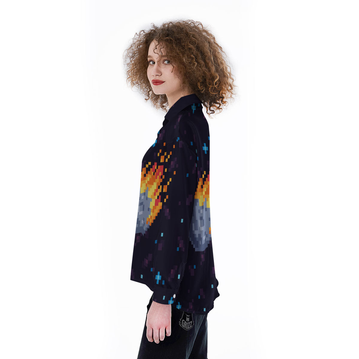 Pixel 8 Bit Meteorite Burnning Print Women's Long Sleeve Shirts-grizzshop