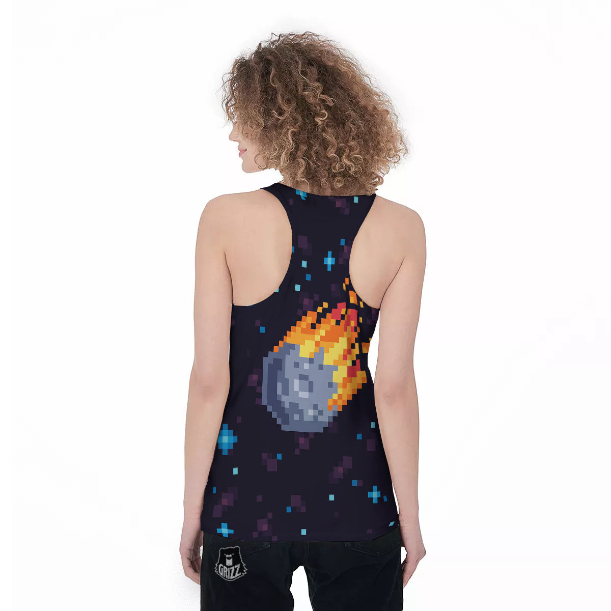 Pixel 8 Bit Meteorite Burnning Print Women's Racerback Tank Top-grizzshop
