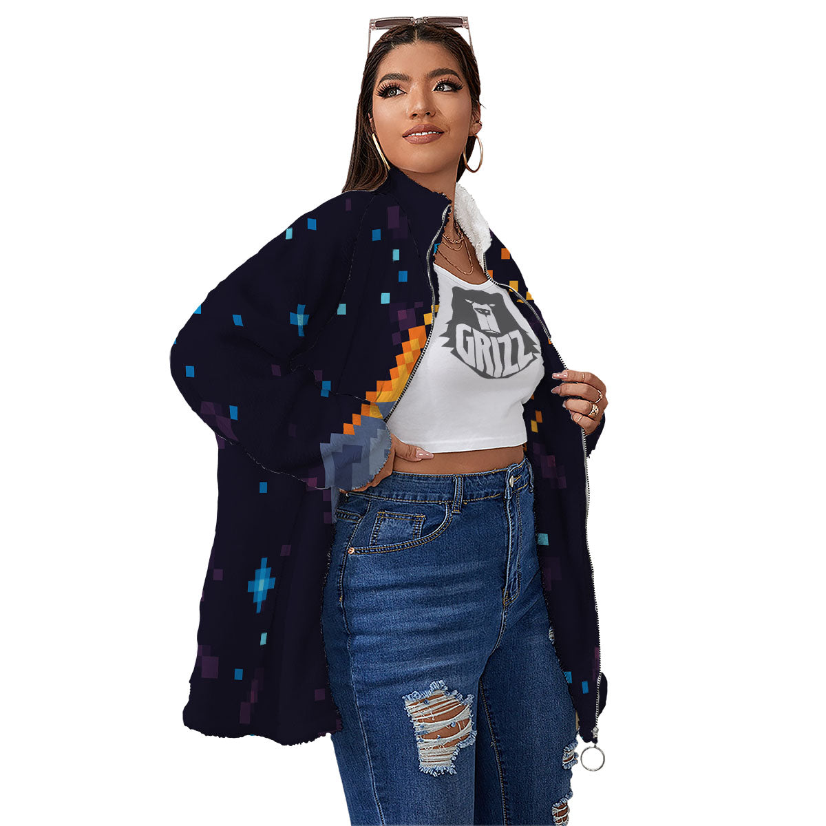Pixel 8 Bit Meteorite Burnning Print Women's Sherpa Jacket-grizzshop