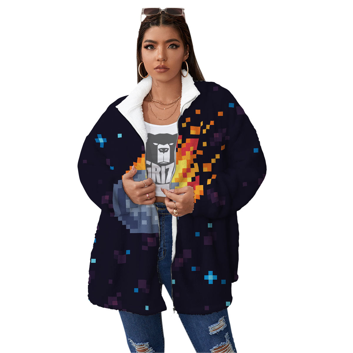 Pixel 8 Bit Meteorite Burnning Print Women's Sherpa Jacket-grizzshop