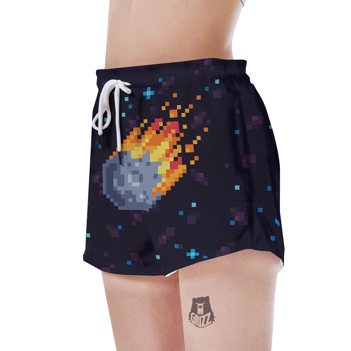 Pixel 8 Bit Meteorite Burnning Print Women's Shorts-grizzshop