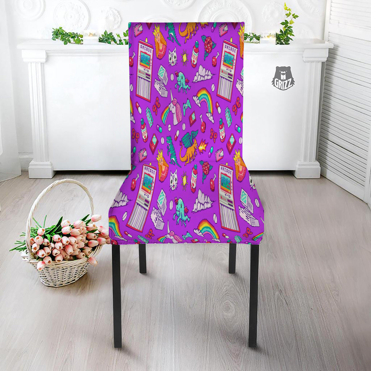 Pixel Art 8 Bit Pink Print Pattern Dining Chair Slipcover-grizzshop