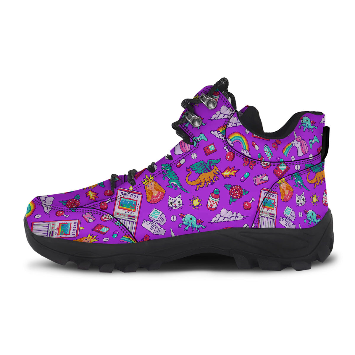 Pixel Art 8 Bit Pink Print Pattern Hiking Shoes-grizzshop