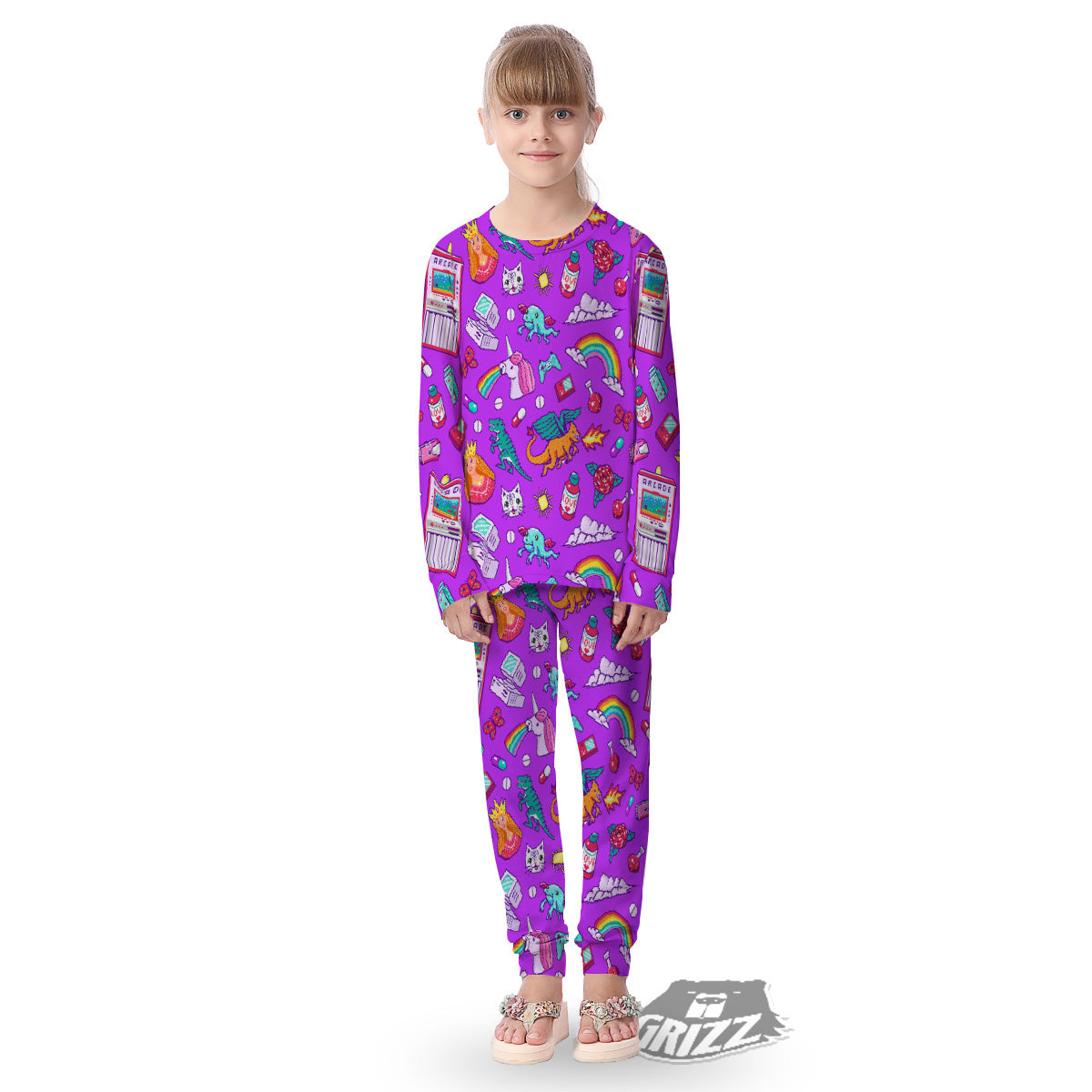 Pixel Art 8 Bit Pink Print Pattern Kid's Pajamas-grizzshop