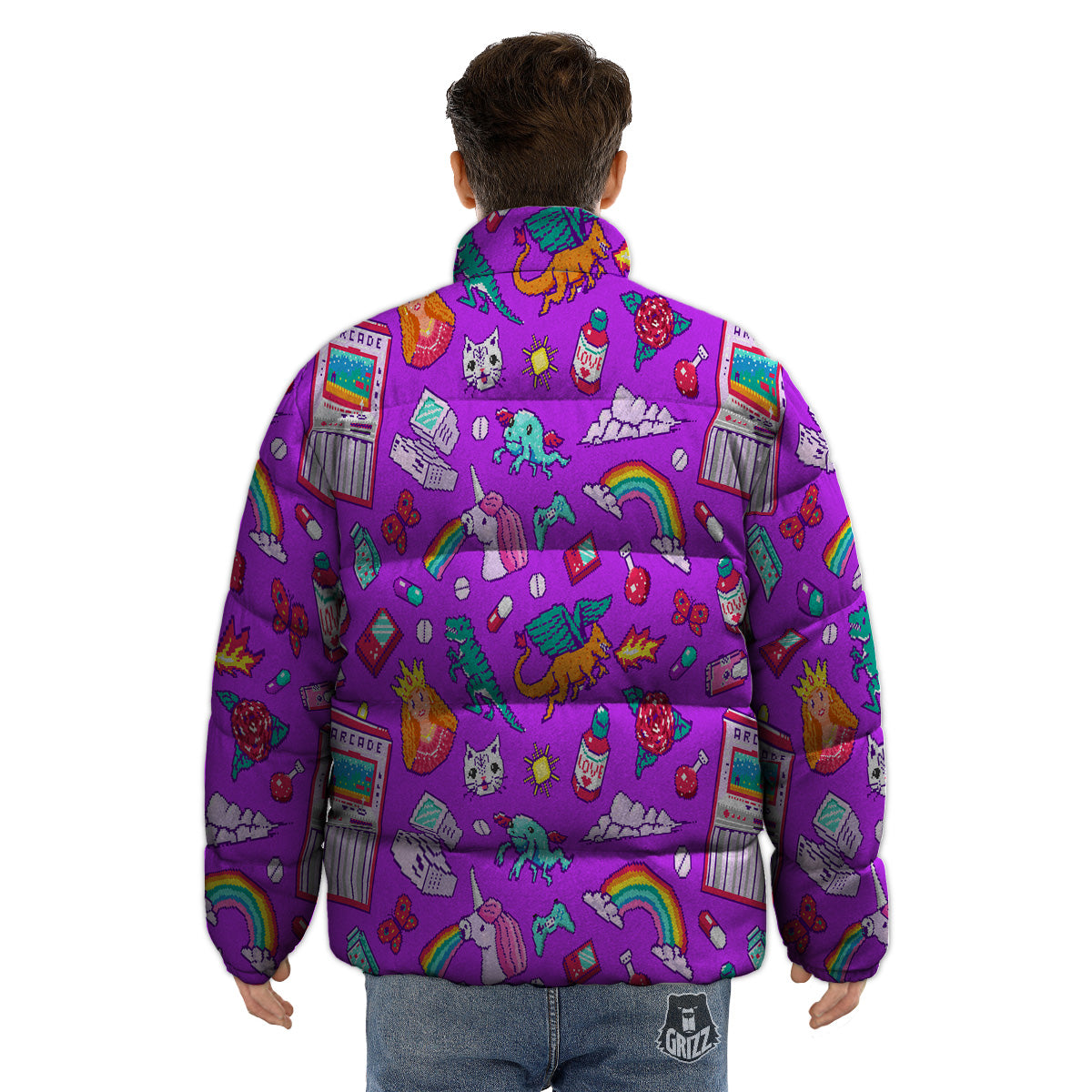 Pixel Art 8 Bit Pink Print Pattern Puffer Jacket-grizzshop