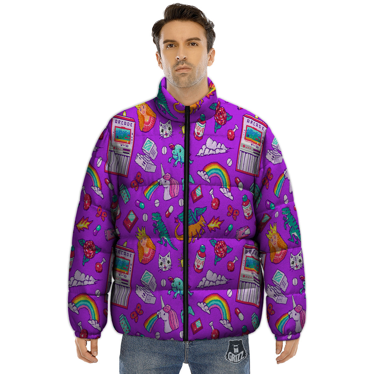 Pixel Art 8 Bit Pink Print Pattern Puffer Jacket-grizzshop