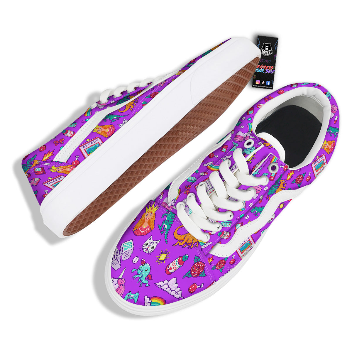 Pixel Art 8 Bit Pink Print Pattern Skate Shoes-grizzshop