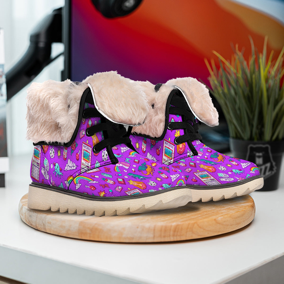 Pixel Art 8 Bit Pink Print Pattern Snow Boots-grizzshop