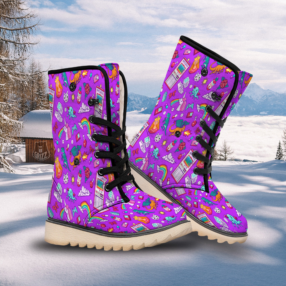 Pixel Art 8 Bit Pink Print Pattern Snow Boots-grizzshop