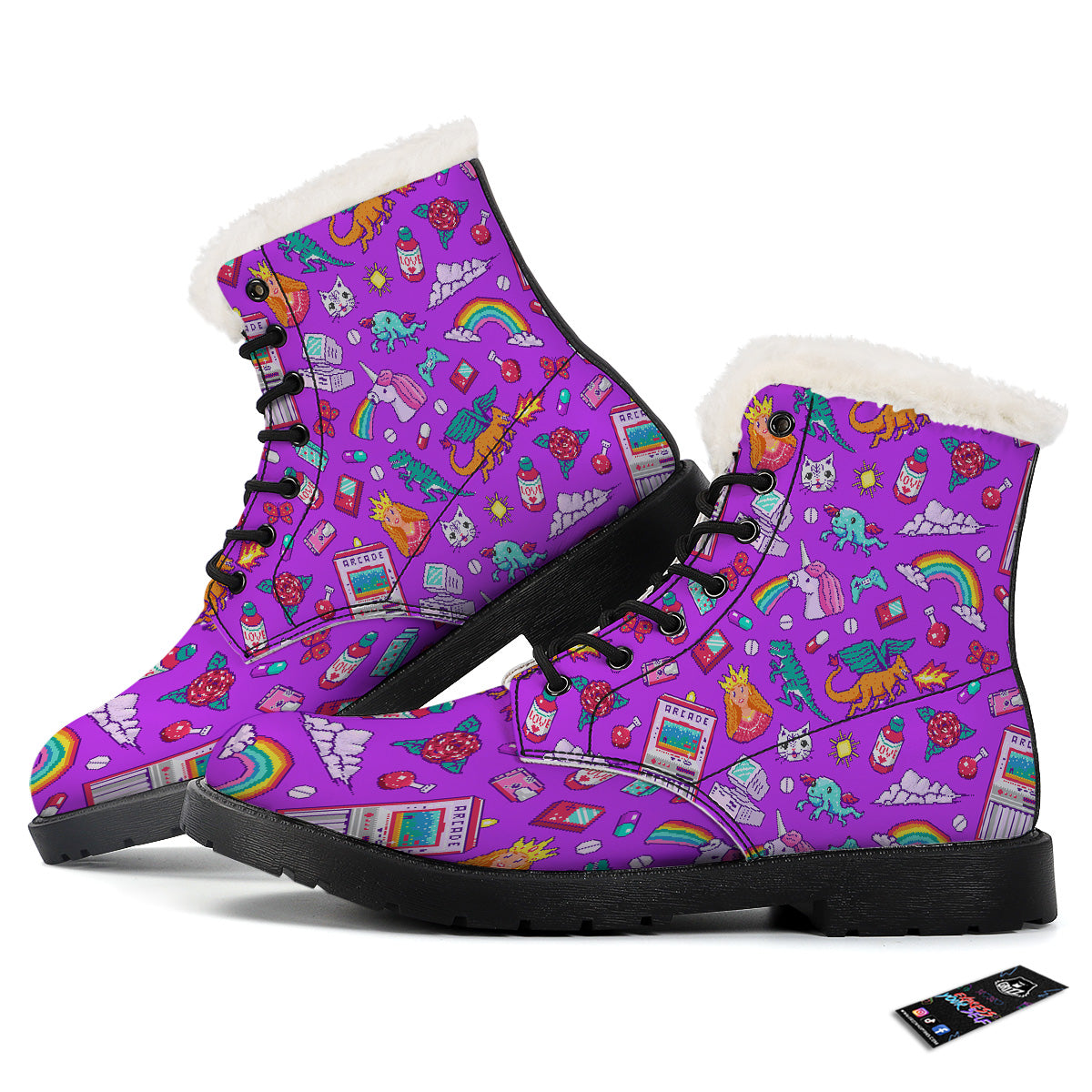 Pixel Art 8 Bit Pink Print Pattern Winter Boots-grizzshop