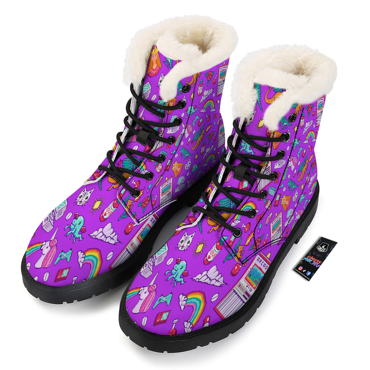 Pixel Art 8 Bit Pink Print Pattern Winter Boots-grizzshop
