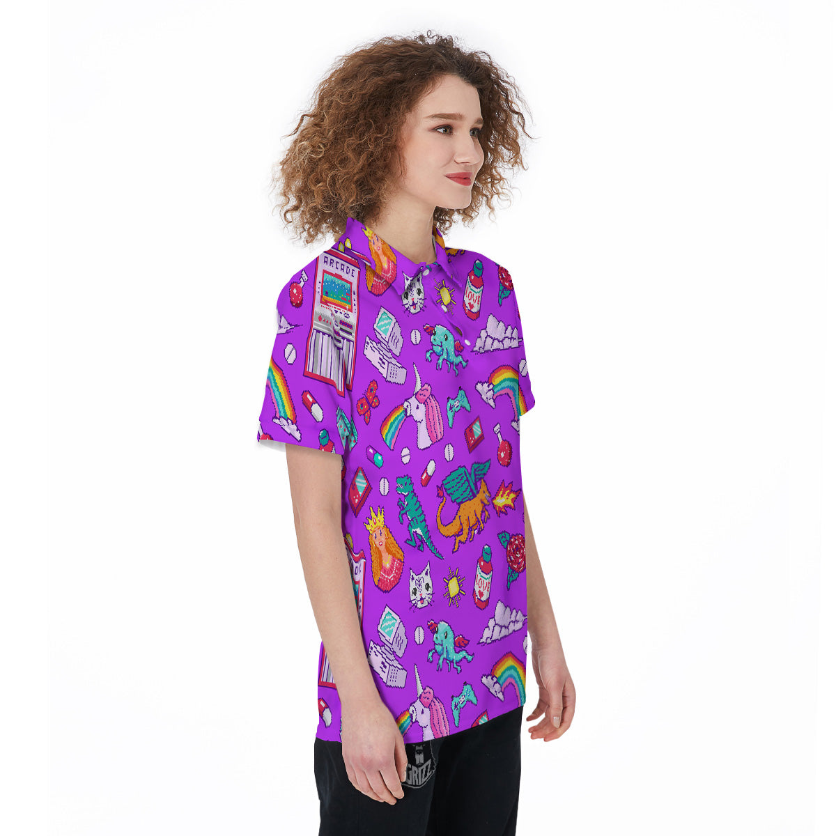 Pixel Art 8 Bit Pink Print Pattern Women's Golf Shirts-grizzshop
