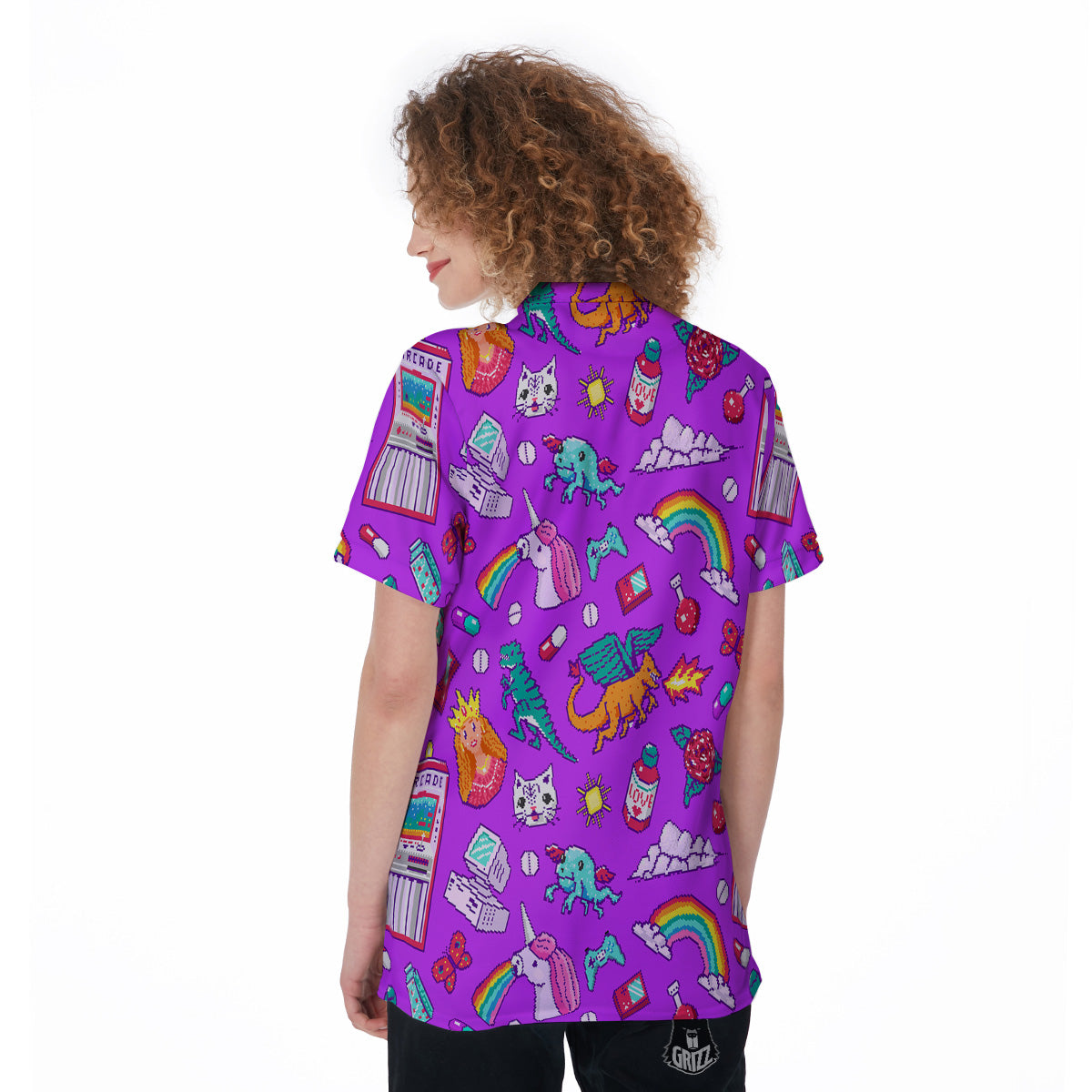 Pixel Art 8 Bit Pink Print Pattern Women's Golf Shirts-grizzshop