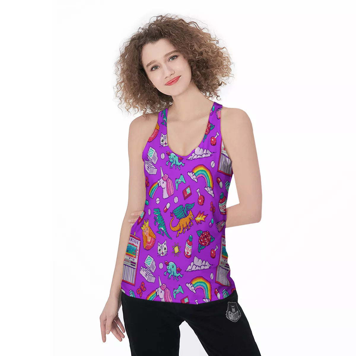 Pixel Art 8 Bit Pink Print Pattern Women's Racerback Tank Top-grizzshop
