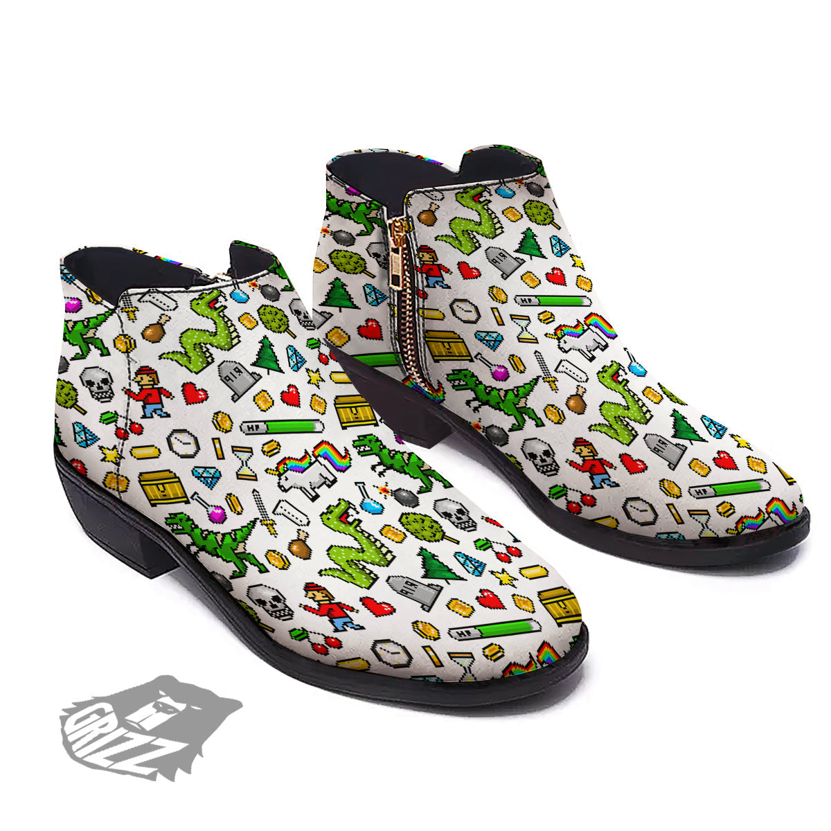 Pixel Art 8 Bit Retro Cartoon Print Pattern Ankle Boots-grizzshop