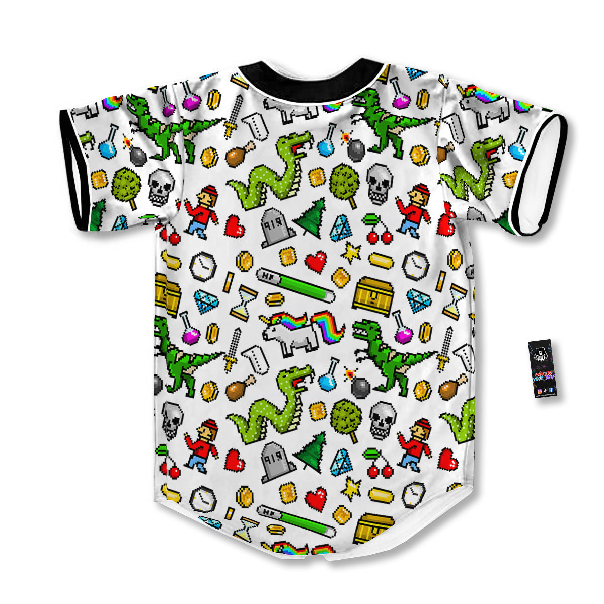 Pixel Art 8 Bit Retro Cartoon Print Pattern Baseball Jersey-grizzshop