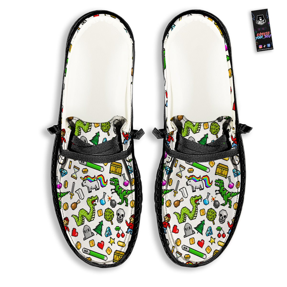 Pixel Art 8 Bit Retro Cartoon Print Pattern Black Loafers-grizzshop