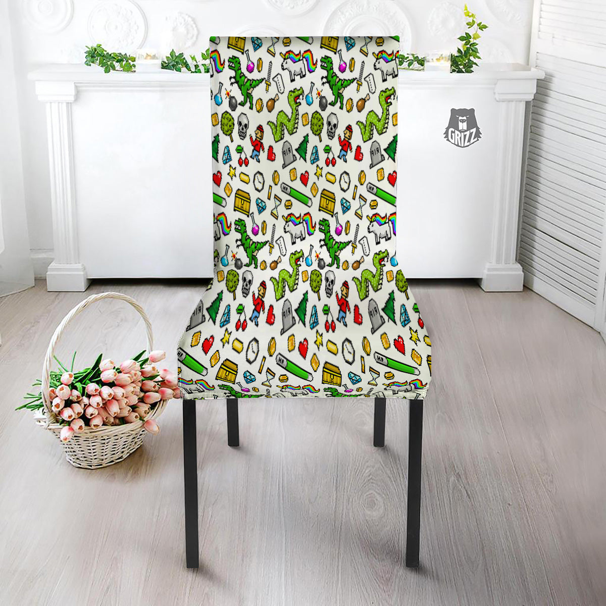 Pixel Art 8 Bit Retro Cartoon Print Pattern Dining Chair Slipcover-grizzshop