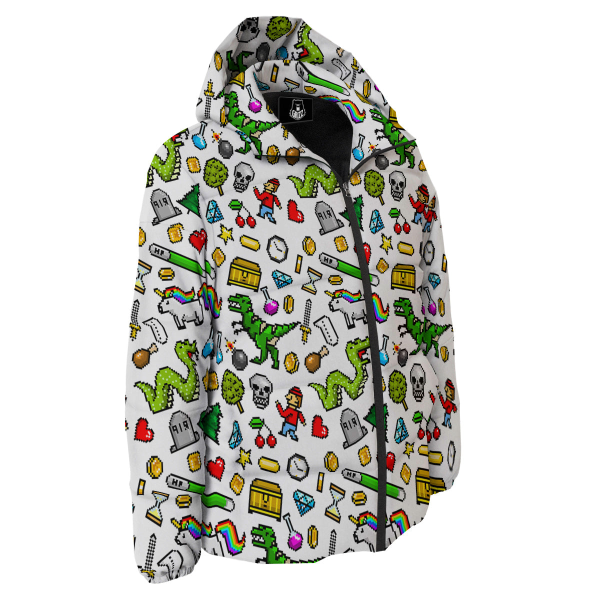 Pixel Art 8 Bit Retro Cartoon Print Pattern Down Jacket-grizzshop