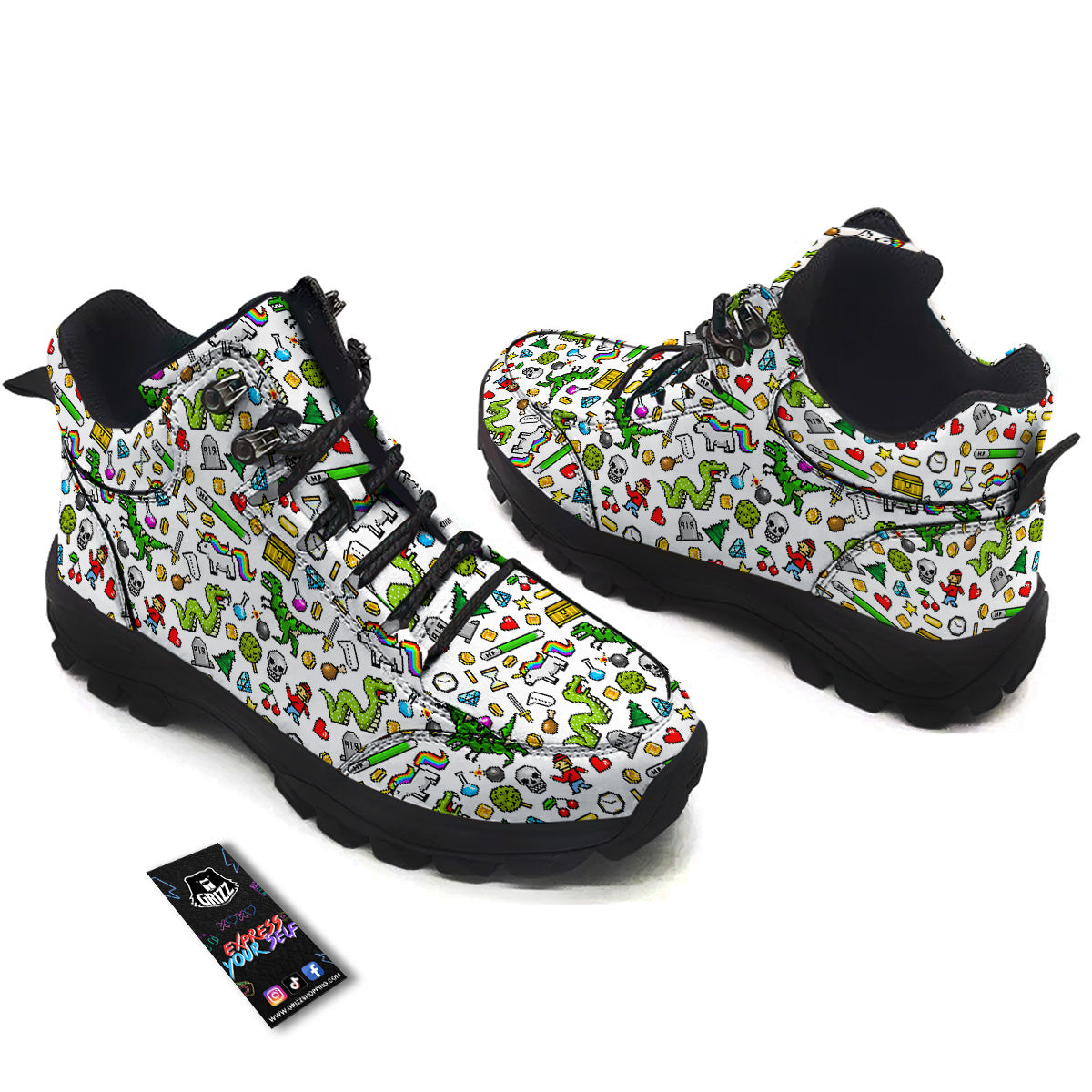 Pixel Art 8 Bit Retro Cartoon Print Pattern Hiking Shoes-grizzshop