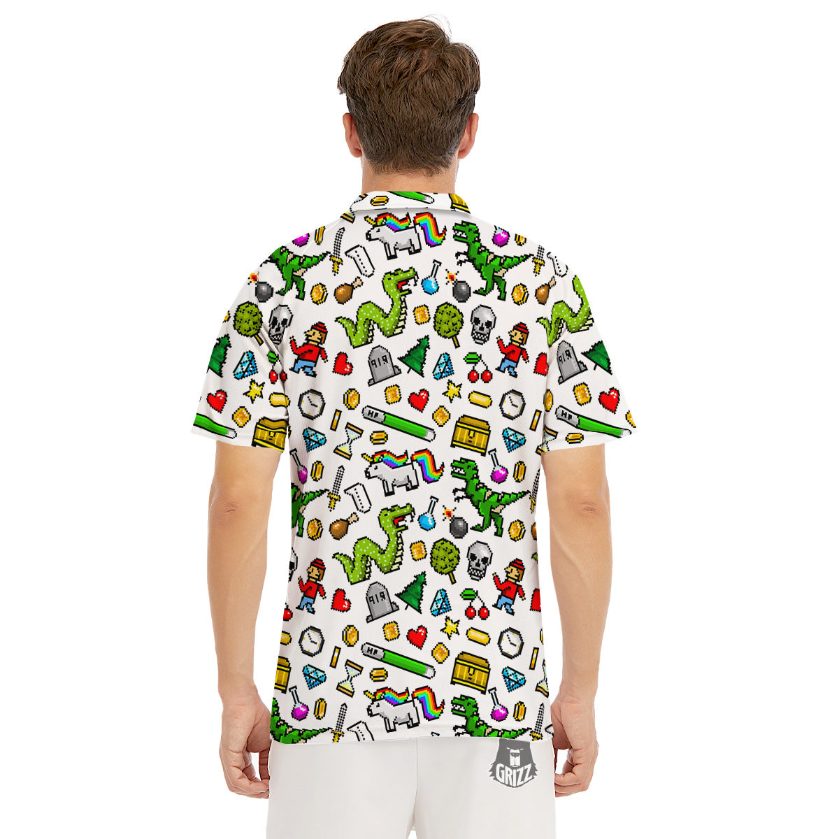 Pixel Art 8 Bit Retro Cartoon Print Pattern Men's Golf Shirts-grizzshop